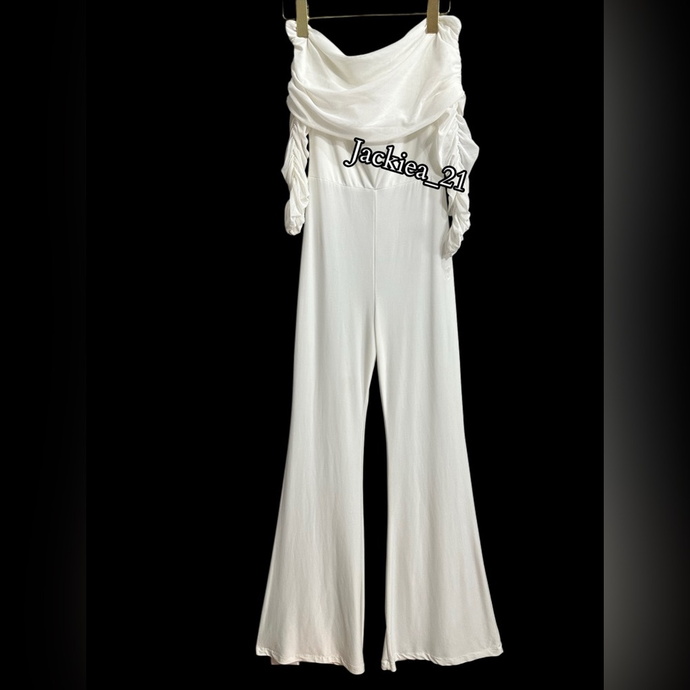 White off the shoulders, flared jumpsuit.
